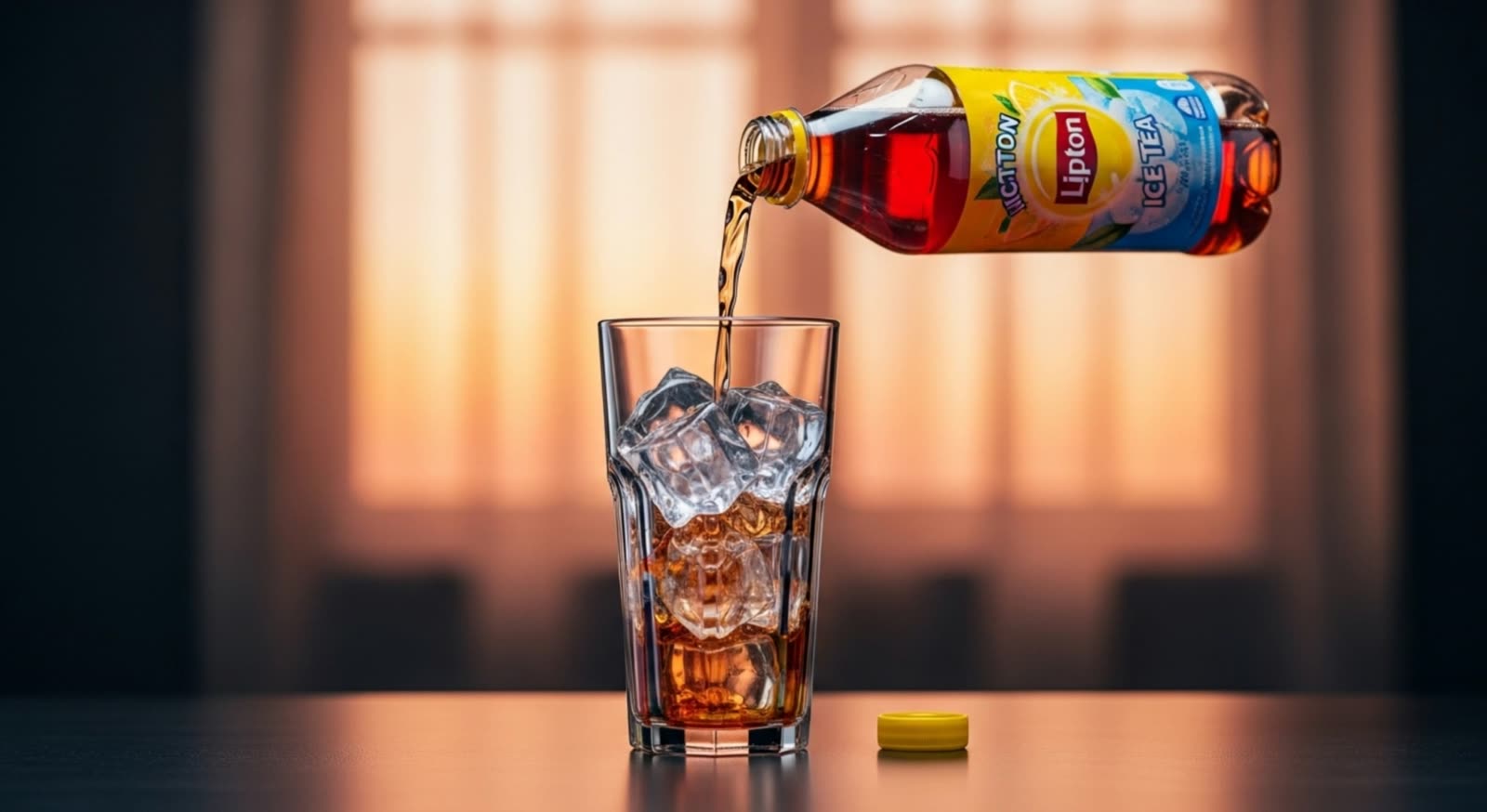 Lipton Ice Tea pouring into a glass of ice